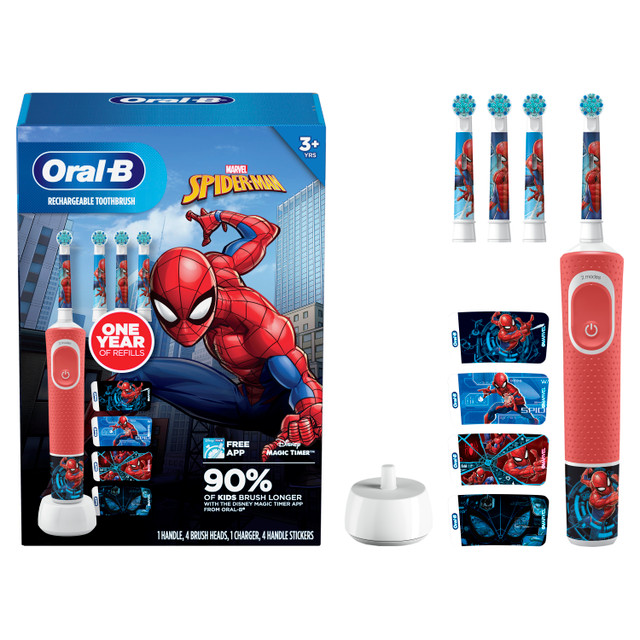 Oral-B Kids Electric Toothbrush Featuring Spiderman. Includes 1 Handle, 1 Brush Head, 1 Charger and 4 Handle Stickers